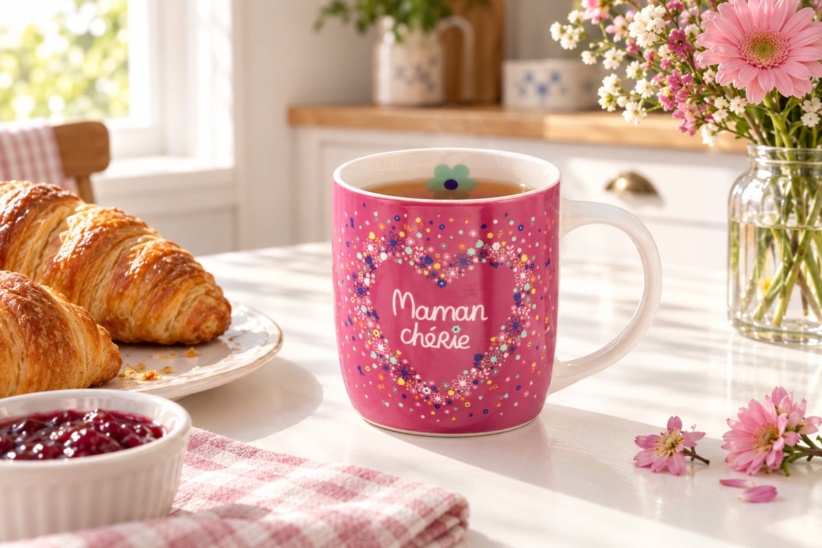 Mug rose Maman chérie rempli de thé posé sur une table de petit-déjeuner