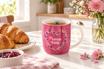 Mug rose Maman chérie rempli de thé posé sur une table de petit-déjeuner