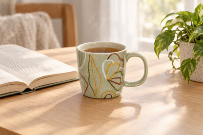 Mug zen en grès à motif floral vert rempli de thé sur une table en bois
