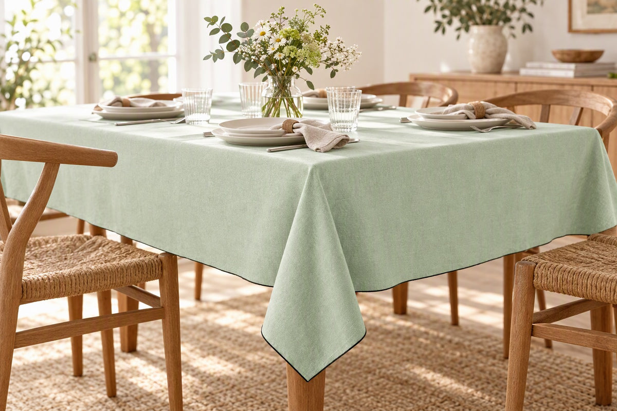 Nappe vert d'eau en coton recyclé sur une table dressée avec vaisselle blanche