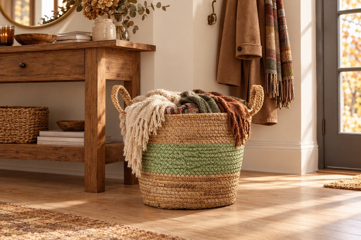 Panier vert et naturel tressé rempli de plaids au pied d'une console dans une entrée