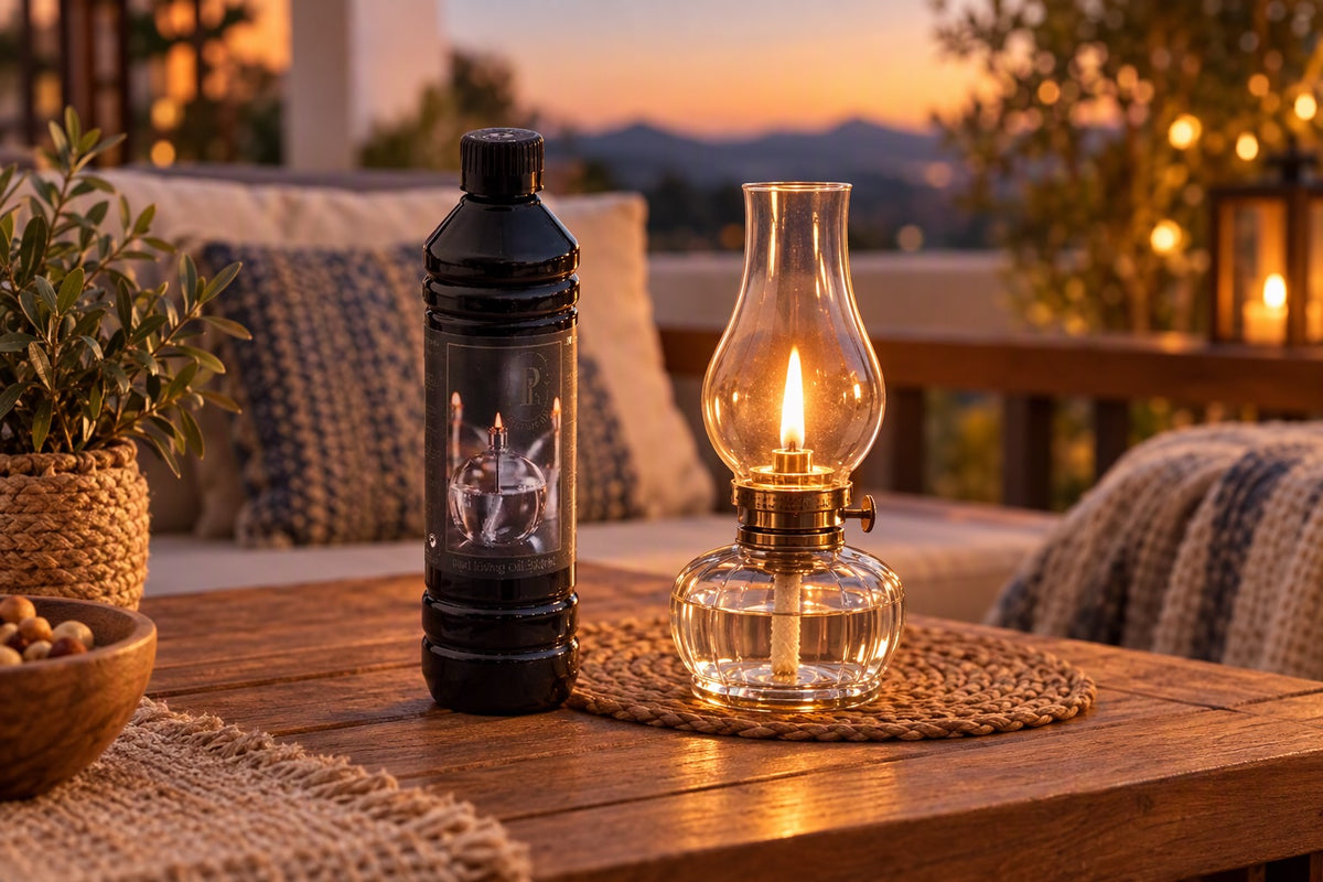 Lampe à huile allumée sur une table en bois à côté d'un flacon de paraffine liquide
