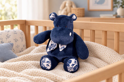 Peluche hippopotame bleu marine assise dans un berceau en bois sur une couverture douce