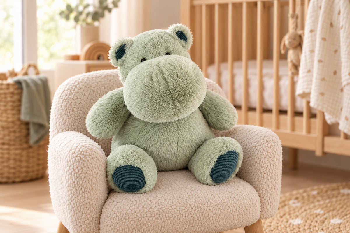 Peluche hippopotame vert amande posée sur un fauteuil dans une chambre de bébé