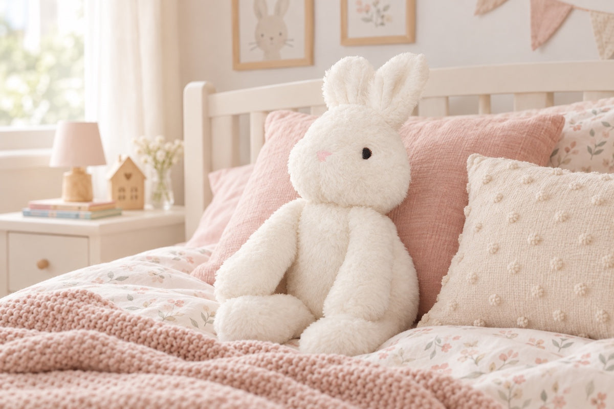 Peluche lapin blanc assise sur un lit d'enfant avec couverture en tricot