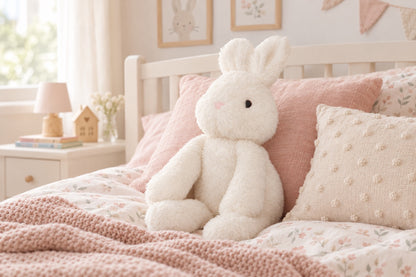 Peluche lapin blanc assise sur un lit d'enfant avec couverture en tricot