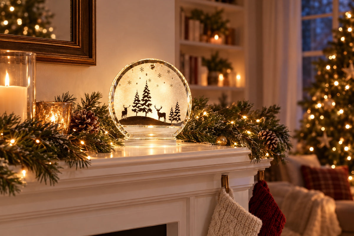 Photophore LED argenté à décor de cerfs et sapins allumé sur une cheminée