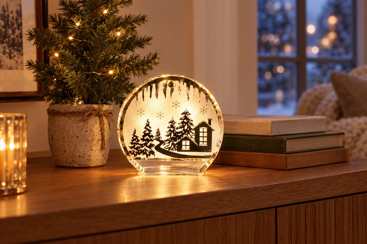 Photophore LED argenté à décor de chalet et sapins allumé sur une console