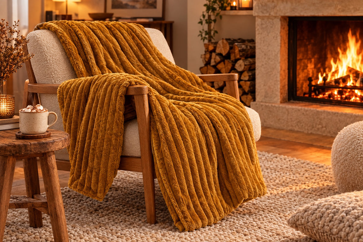 Plaid camel drapé sur un fauteuil près d'une cheminée allumée en hiver
