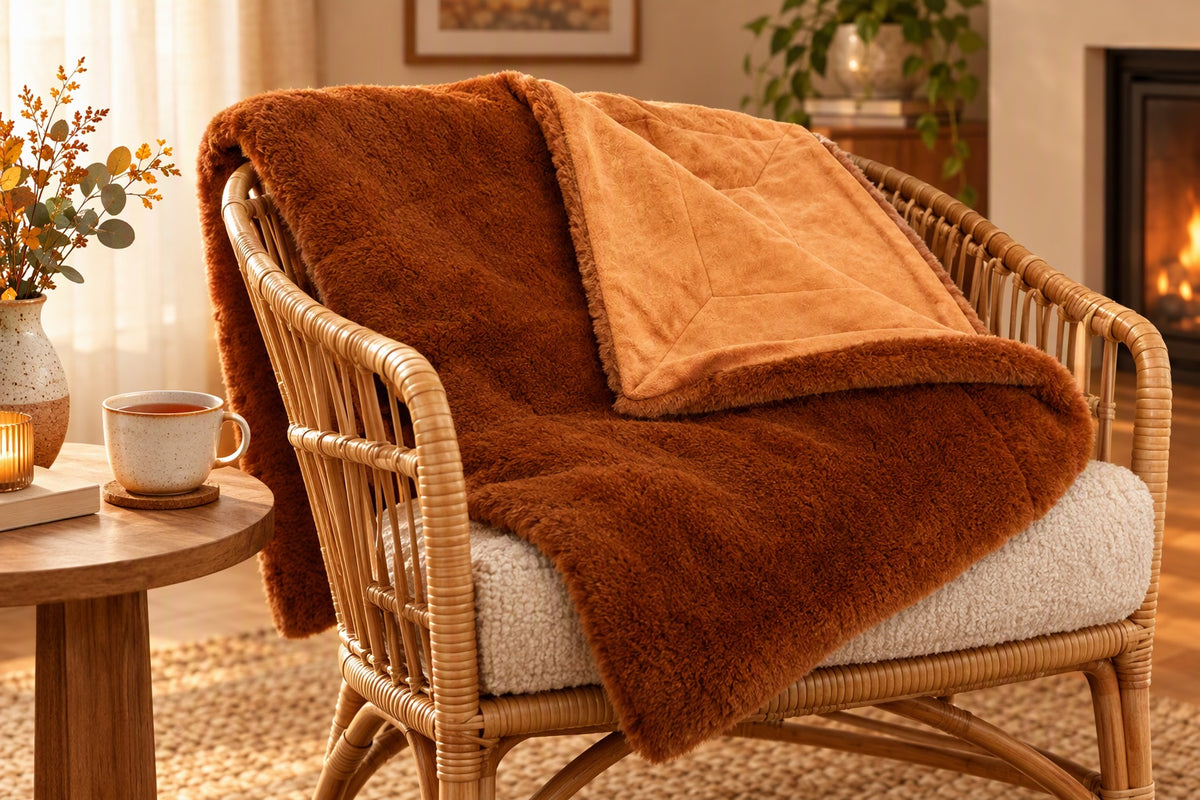 Plaid luxe terracotta posé sur un canapé dans un salon cosy