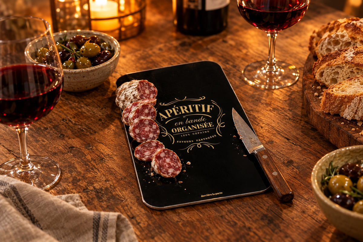 Planche apéritif en verre noir avec saucisson tranché et couteau sur une table