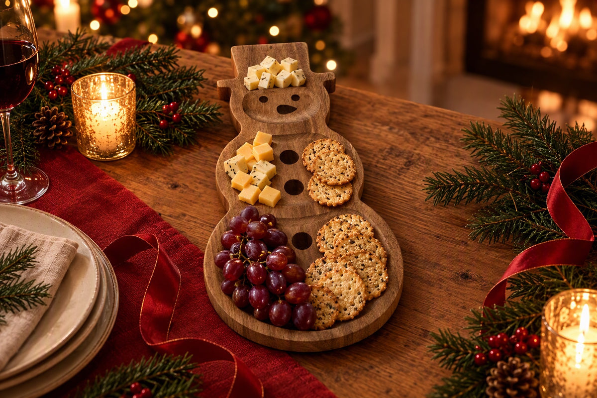 Planche bonhomme de neige en acacia garnie de fromages et de biscuits sur une table de Noël