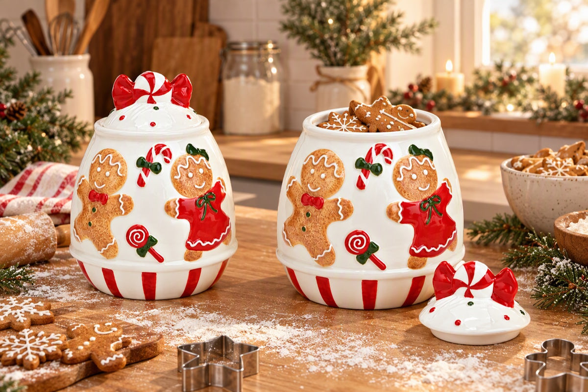 Pot pain d'épice blanc et rouge rempli de biscuits sur un plan de travail de Noël