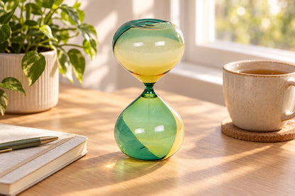 Sablier en verre vert et jaune posé sur un bureau en bois près d'une fenêtre