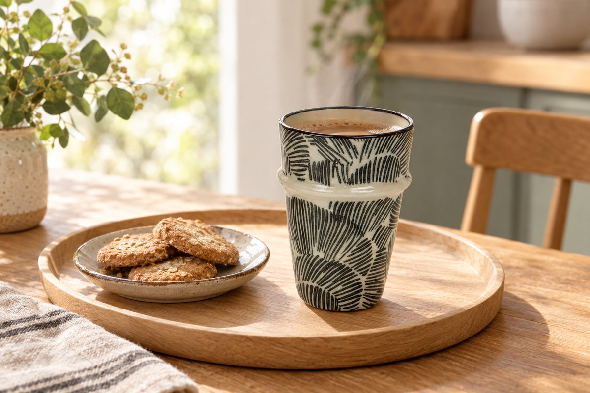 Tasse sans anse en grès à feuillage noir avec un thé sur une table en bois