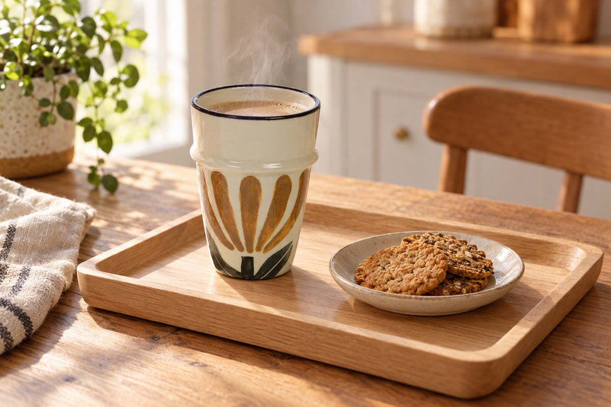 Tasse sans anse en grès à fleur marron et noire remplie de thé sur une table