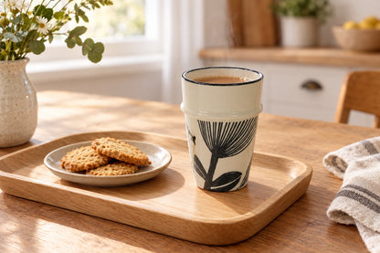 Tasse sans anse en grès crème à fleur noire avec un café sur un comptoir