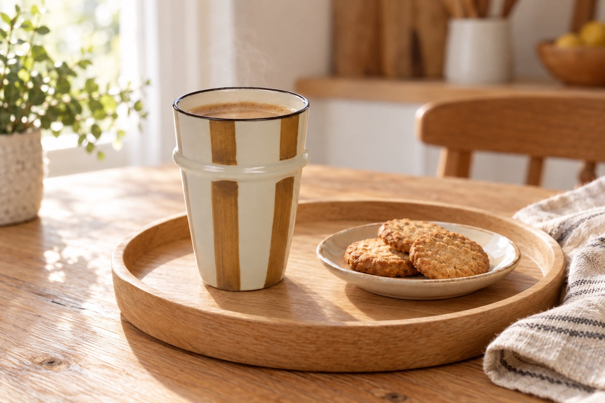 Tasse sans anse en grès crème à rayures marron clair remplie de café sur un plateau