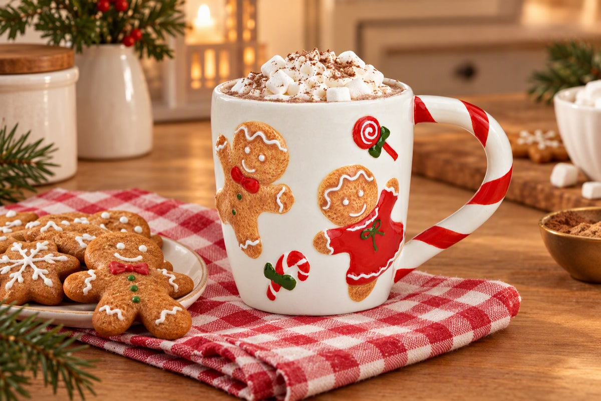 Tasse de Noël pain d'épice blanc et rouge avec chocolat chaud et biscuits de Noël
