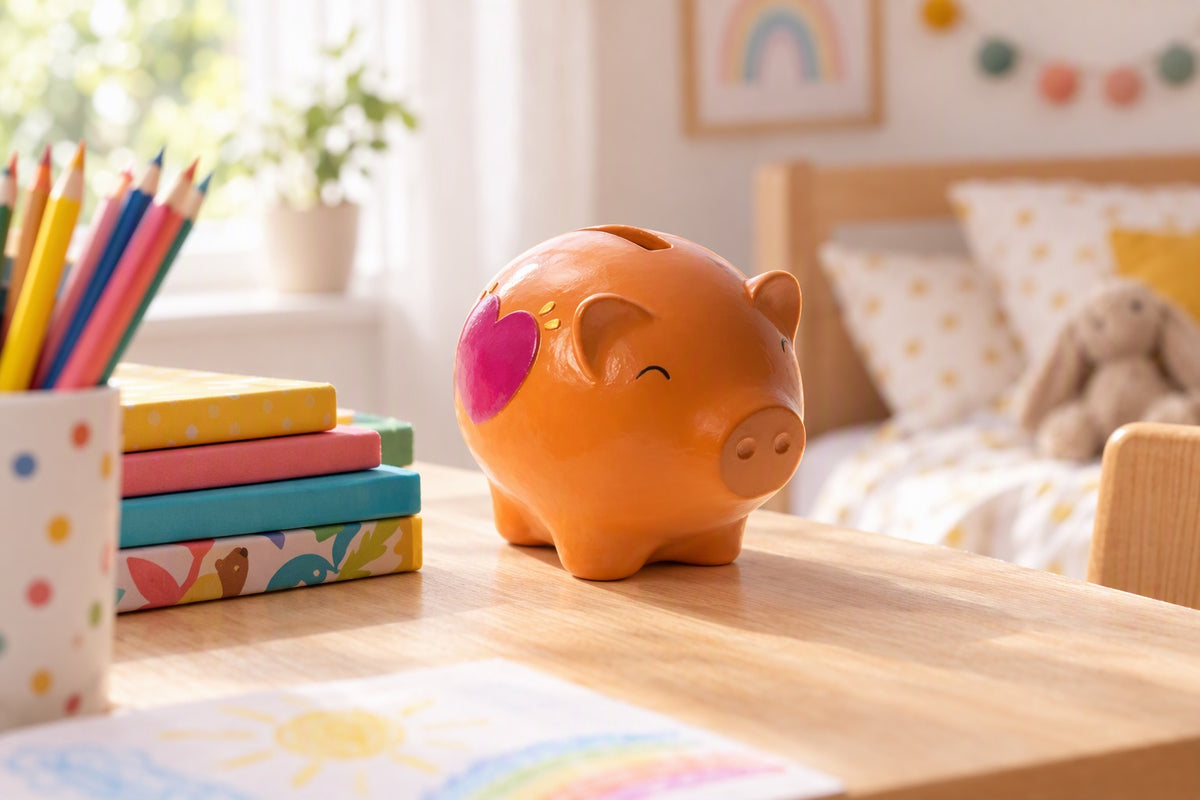 Tirelire cochon orange posée sur un bureau d'enfant à côté de livres colorés