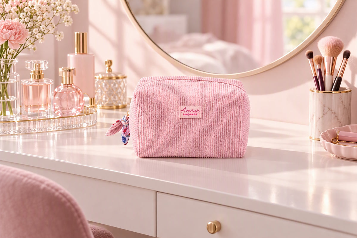Trousse en velours rose Amour toujours posée sur une coiffeuse avec des produits de beauté