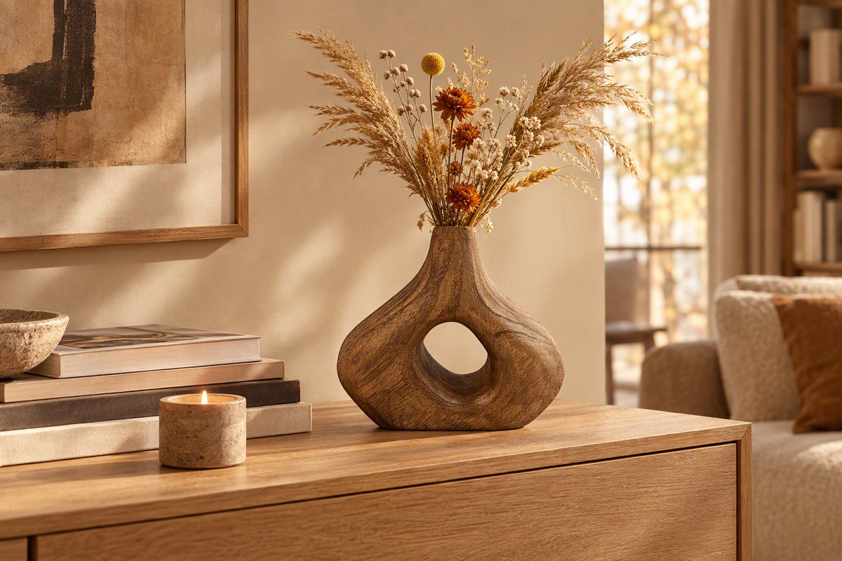 Vase en bois ajouré avec fleurs séchées sur une console en chêne dans un salon automnal