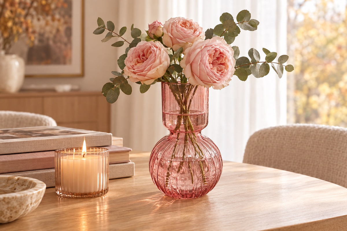 Vase rose poudré en verre avec roses anciennes sur une table en bois blond en automne