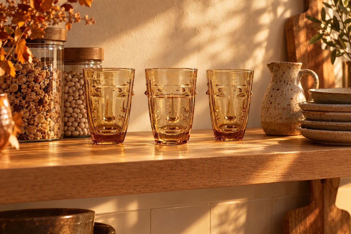Verres visage ambre alignés sur une étagère en bois dans une cuisine chaleureuse