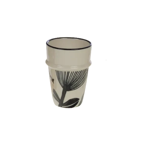 Tasse sans anse en grès fleur - Crème et noir