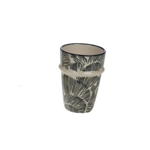 Tasse sans anse en grès feuillage - Crème et noir